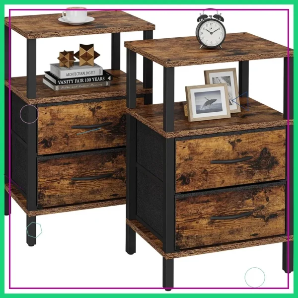 Set of 2 Brown Nightstands with Fabric Drawers