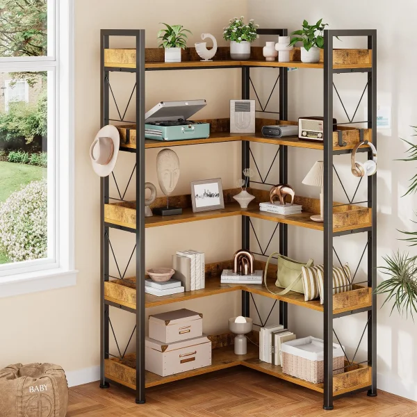 L Shaped Bookshelf 5 Tier Corner Bookcase with Hooks
