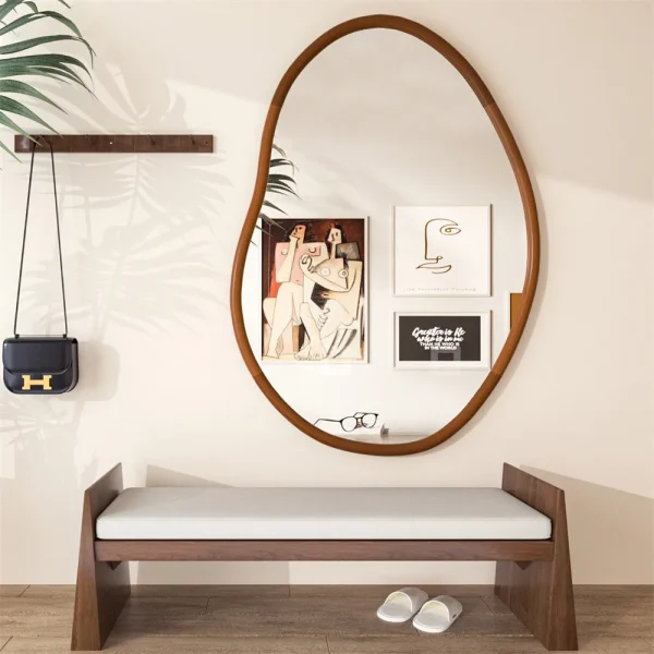 Large Irregular Wooden Framed Wall Mirror Unique Hanging Style
