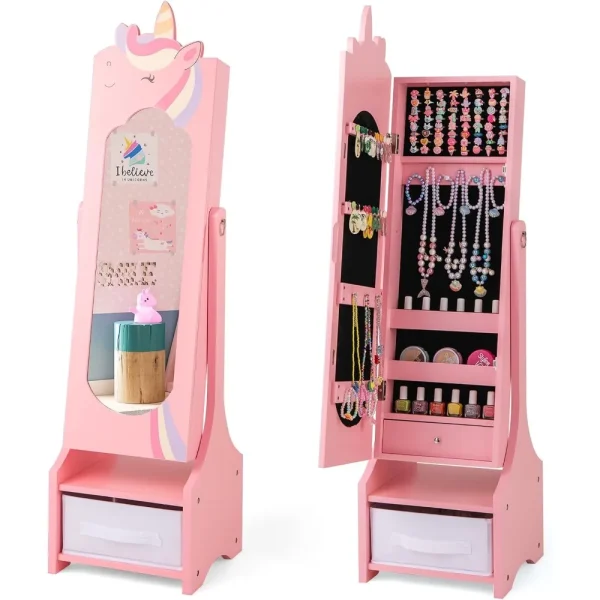 Kids Vanity Jewelry 45.5 Standing Cabinet, Full-Length Mirror