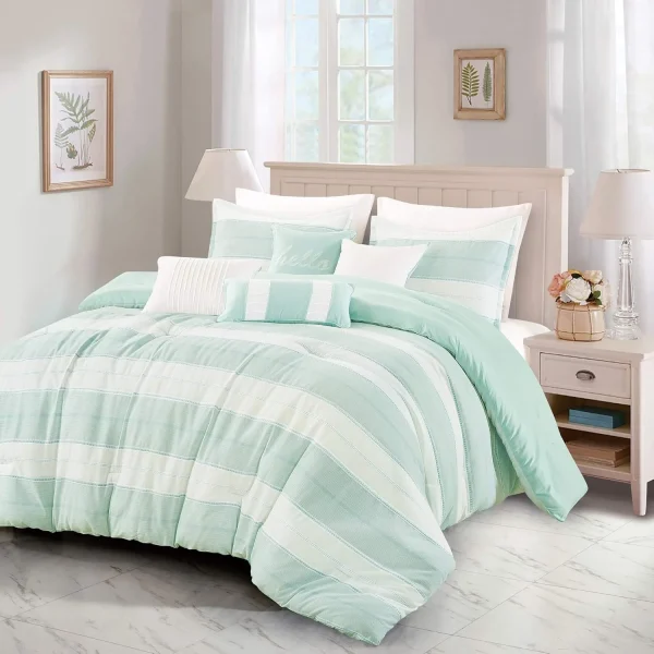 Queen Comforter Set 7 Piece Stripes Cotton Blend Soft Lightweight