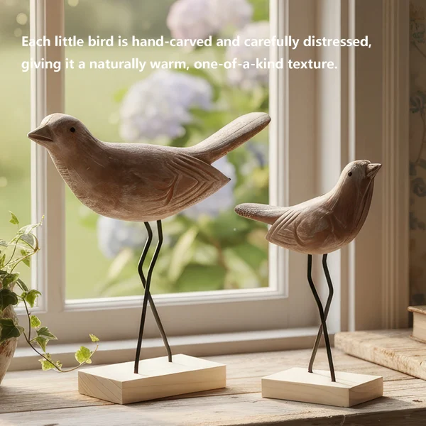 Set of 2 Wooden Bird Figurines - Small Animal Statues