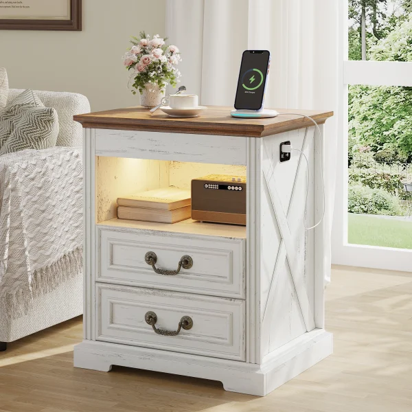Nightstand with Gun Drawer, Charging Station, LED Light