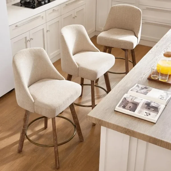 Modern Counter Height Bar Stools Set of 3,360° Swivel Barstools with Solid Wood Legs,26''