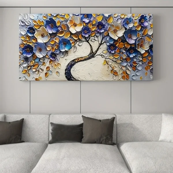 Large abstract Floral blue textured mural, 1.5-inch chunky wood frame for decor lovers