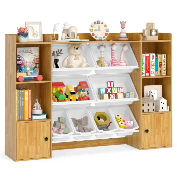 Kids Toy Storage and Bookshelf w/ 8 Boxes Open Shelves & 2 Single-door Cabinets