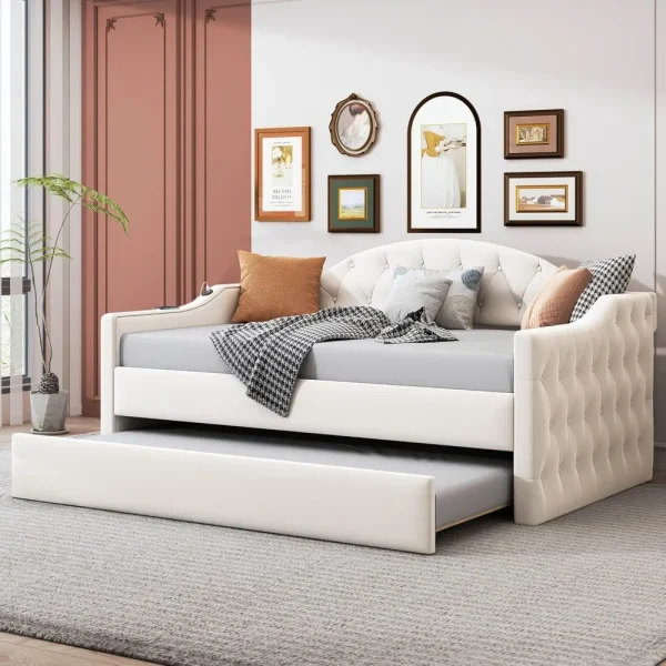 Twin Size Day Bed Frame Upholstered, Velvet Sofa Bed with USB