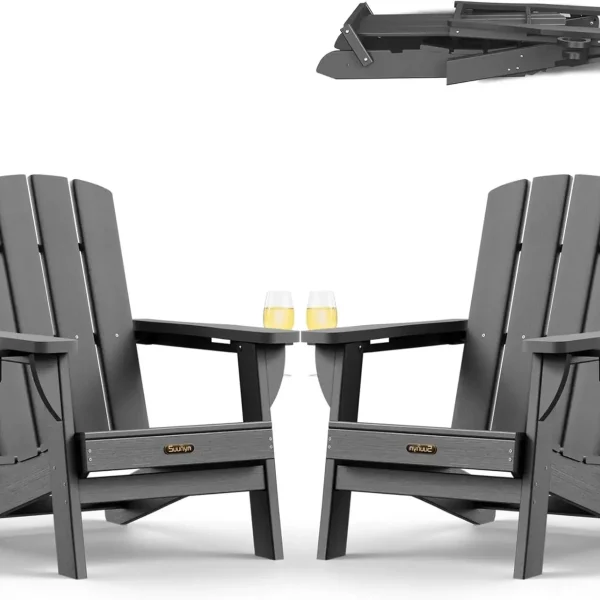 Folding Adirondack Chair 2 Pack, Plastic Adirondack Chairs with 2 Cup Holder