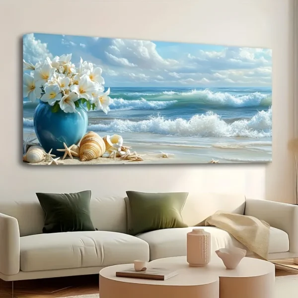 1.5 inch thick pine solid wood frame, beach canvas mural, coastal theme .