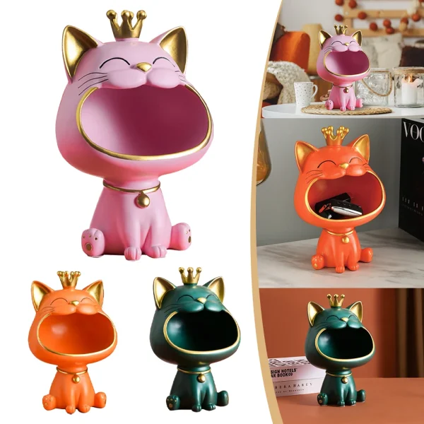 Laughing Cat Statue Resin Lucky Cat Statue Cute Desktop Storage Accessories