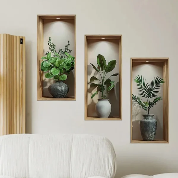 Tropical Jungle Theme Wall Decal Set with 3D Potted Plants Green Palm Leaves and Devil s Ivy for Home